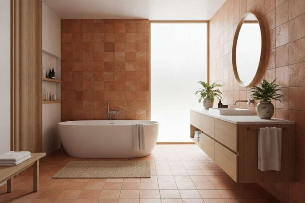 Salle de bain terracotta et bois : le mariage parfait